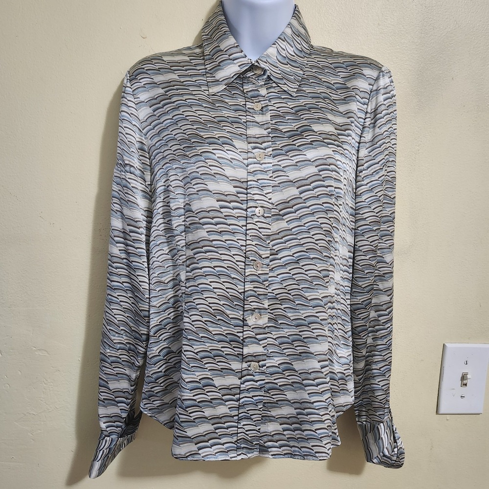 Lafayette 148 New York Silk Blouse Womens 6P Blue Tan Geometric Button Up Shirt
